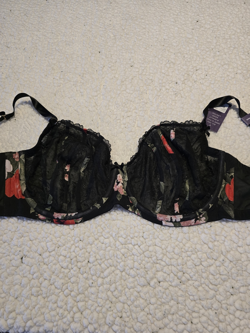 Cacique Black Lace Underwire Bra with Pink and Red Floral Accents